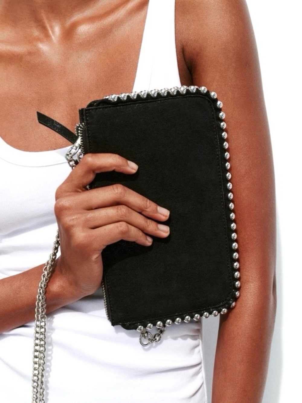 Zara Faux Suede Crossbody in Black with Silver Studs & Chain